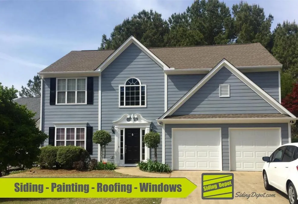 Same Marietta home transformed with James Hardie blue siding by Siding Depot